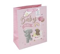 Eurowrap White Kraft Paper Pink Baby Girl Gift Bag With Gift Tag Eco Friendly 100% Recyclable Baby Shower Newborn Gift Wrap Occasion Present Large
