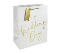 Eurowrap White Kraft Paper Wedding Gift Bag with Gold Tag - Eco-Friendly, 100% Recyclable - Large