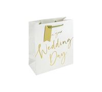 Eurowrap White Kraft Paper Wedding Gift Bag With Tag - White/Gold - Eco Friendly 100% Recyclable - Medium Size
