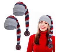 Eurzom 2 Pcs Christmas Long Stocking Hats Striped Beanie with Pom Ball Knitted Santa Hat Crochet Xmas Party Cap for Women Men(Blue and Grey)