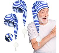 Eurzom 2 Pcs Men's Night Cap Striped Pajama Hat Adjustable Sleeping Caps with Pom Ball for Party Supplies, Blue and White, 21.6-23.6 inches