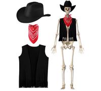 Eurzom 3 Pcs Halloween Western Outfit for 6ft Skeleton Cowboy Costume Vest Hat Bandana for Halloween Skeleton Décor, Black, One Size (6ft Skeleton)