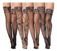 Eurzom 4 Pairs Gothic Stockings for Women Summer Halloween Spider Web Tights Skull Lace Stocking Floral High Fishnet Black Mesh Leg Cosplay Costume Socks