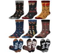 Eurzom 6 Pairs Novelty BBQ Chef Socks for Men Fun Pattern Cotton Crew Socks Xmas Holiday Gifts for Chef Barbecue Grill Lover, Multi, Large