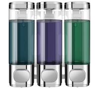 Euschematin Wall Mounted Soap Dispenser,Shampoo Dispenser, 3 Chamber 300mL*3 Simple Human Plastic Body Wash Shower Gel Shampoo Conditioner Soap Dispenser Holder No Drill Set for Bathroom (Silver)