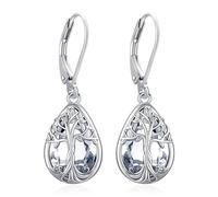 Eusense Tree of Life Earrings with White Zircon Family Tree Earring dangle Teardrop Earrings Jewelry Gift for Women for Birthday, Anniversary and Mother's Day