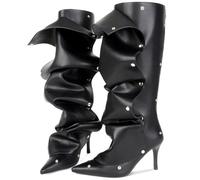 Eusibb Women's High-heeled Denim Knee High Boots Fashionable Button Pointed Loose Thin Heel Boots Pleated Folding Party Boots, Black, 6.5 UK