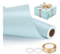 EUSOAR Blue Wrapping Paper - 1 Pack Gift Wrap Roll 43cm x 10m, 1 Roll Gold Bow Ribbon, 2 Double-Sided Tapes - Light Blue Gift Wrapping Paper Set for Birthday Party Favors DIY Decorations