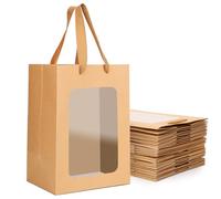 EUSOAR Paper Gift Bags - 20 Packs Kraft Present Bags with Handles - 18x13x25cm Shopping Bags with Transparent Window - 180GSM Kraft Paper Package Bags Gift Boxes Brown