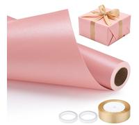 EUSOAR Pink Wrapping Paper - 1 Roll 43cm x 10m Packing Paper, 1 Gold Bow Ribbon and 2 Double-Sided Tapes - Gift Wrapping Roll Set for Girls Birthday Wedding Floral Bouquet Packing