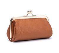 EutDett Lipstick Case with Mirror, Genuine Leather Lipstick Holder for Purse - Kiss Lock Cosmetic Bag Portable Mini Makeup Pouch for Women, Small Travel Makeup Organizer, Brown, Small Cosmetic Bag for