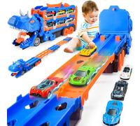 EUTOYZ Dinosaur Toys for 2 3 4 5 Year Olds Boys Gifts, Transport Race Truck Toy Cars for Boys Age 2 3 4 5 6 Year Olds Boy Kids Toy for Toddlers Boy Birthday Presents Dinosaur Race Truck with 6 Cars