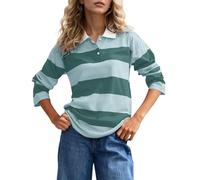 Eutten Women’s Striped Rugby Shirt Long Sleeve Color Block Polo Shirts Lapel Button Collar V Neck Casual Blouse Tops