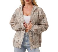 Eutten Womens Camo Zip Up Hoodie Long Sleeve Maple Leaf Print Oversized Hooded Jacket Fleece Full Zip Sweatshirt with Pockets, Khaki Green, Medium