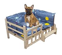 EUTYRG Solid Wood Elevated Pet Bed with Grey Cushion and Fence for Dogs and Cats, Available in 45cm to 120cm Lengths - Perfect