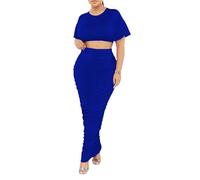 Euulin Women's 2 Piece Outfits Flare Sleeve Crop Tops Sexy Bodycon Jumpsuits Maxi Dresses Midi Ruched Skirt Sets, Ruched Blue, Medium