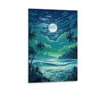 EUUMKOO Cartoon Ocean Canvas Wall Art, Palm Tree Waves Beautiful Moon Picture Painting on Canvas, Print Poster Decoration Artwork for Home Living Room Bedroom Wall Decor Frame 08x12inch(20x30cm)