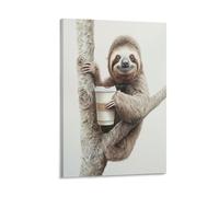 EUUMKOO Cute Sloth Canvas Wall Art, Coffee Nature Animal Sitting Vintage Picture Painting on Canvas, Print Poster Decoration Artwork for Home Living Room Bedroom Wall Decor Frame 12x18inch(30x45cm)
