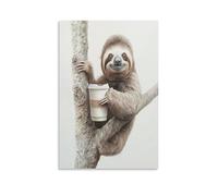 EUUMKOO Cute Sloth Canvas Wall Art, Coffee Nature Animal Sitting Vintage Picture Painting on Canvas, Print Poster Decoration Artwork for Home Living Room Bedroom Wall Decor Unframe 16x24inch(40x60cm)