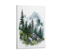 EUUMKOO Mountain Woods Canvas Wall Art, Misty Pine Tree Rocks Picture Painting on Canvas, Print Poster Decoration Artwork for Home Living Room Bedroom Wall Decor 24x36inch(60x90cm)
