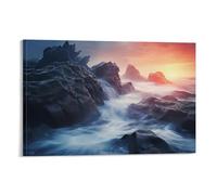 EUUMKOO Natural Seaside Canvas Wall Art, Coastal Rocks Modern Wave Sunset Picture Painting on Canvas, Print Poster Decoration Artwork for Home Living Room Bedroom Wall Decor Frame 08x12inch(20x30cm)