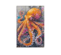 EUUMKOO Orange Rustic Octopus Canvas Wall Art, Nature Animal Vintage Picture Painting on Canvas, Print Poster Decoration Artwork for Home Living Room Bedroom Wall Decor Unframe 20x30inch(50x75cm)