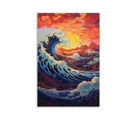EUUMKOO Sunset Ocean Canvas Wall Art, Rustic Abstract Japanese Waves Picture Painting on Canvas, Print Poster Decoration Artwork for Home Living Room Bedroom Wall Decor Unframe 16x24inch(40x60cm)