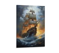 EUUMKOO Sunset Pirate Boat Canvas Wall Art, Vintage Nautical Ship Picture Painting on Canvas, Print Poster Decoration Artwork for Home Living Room Bedroom Wall Decor 16x24inch(40x60cm)
