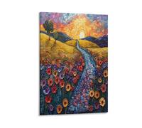 EUUMKOO Vintage Field Canvas Wall Art, Abstract Country Road Sunset Flower Picture Painting on Canvas, Print Poster Decoration Artwork for Home Living Room Bedroom Wall Decor Frame 20x30inch(50x75cm)