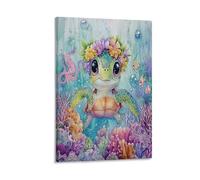 EUUMKOO Watercolor Cute Turtle Canvas Wall Art, Animal Swimming Sea Coral Picture Painting on Canvas, Print Poster Decoration Artwork for Home Living Room Bedroom Wall Decor Frame 20x30inch(50x75cm)