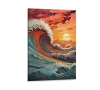 EUUMKOO Watercolor Waves Canvas Wall Art, Natural Sunset Ocean Landscape Picture Painting on Canvas, Print Poster Decoration Artwork for Home Living Room Bedroom Wall Decor Frame 20x30inch(50x75cm)