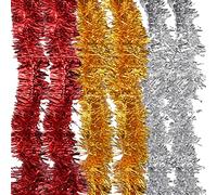 Euvoym 12m Red Gold Silver Christmas Tinsel Garland Christmas Tree Decoration Sparkling Metallic Tinsel Hanging Garland (12m)