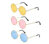 Euvoym 3 Pack Hippy Specs Sunglasses Pink Blue Yellow Round Sunglasses with Metal Frames Retro Hippie 60's 70's Style Circle Glasses for Fancy Dress Hippie Costume Accessories(Pink,Blue,Yellow)