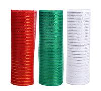 Euvoym 3 Rolls Christmas Poly Mesh Green Red White Metallic Foil Deco Ribbon for Gift Wrapping Wreaths Making, 10 Inch x 10 Yards
