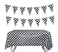 Euvoym Checkered Pennant Banner Racing Flag Party Flag Banner with Checkered Tablecloth for Racing Theme Party Decoration