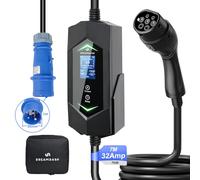 EV Charger 7kw Type 2 to blue CEE 32A Plug, 7m/23ft charging cable, 6-32A adjustable current, 1-12h time delay, LED Screen, IP65, Working -30℃ to 50℃, Portable Electric Car Charger for BEV & PHEV