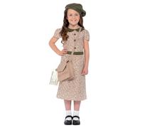Smiffys Evacuee Girl Costume, Patterned with Dress, Satchel, ID Tag & Beret, Girls Fancy Dress, 1940s Dress Up Costumes