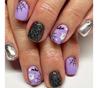 Evadollina Halloween Nails, 24 Pieces Press on Nails, Halloween Nail, Stick on Nail, Ghosts and Spiders (Type D)