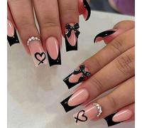 Evadollina Press On Nails, 24 Pieces Stick-On Nails, Black Heart Bow Nail Art, Nail Tips, Fake Nails, Stick-On Fingernails, Fingernails, Fake Nails