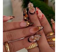 Evadollina Press On Nails, 24 Pieces Stick-On Nails, Brown Pearl Flower Nail Art, Nail Tips, Fake Nails, Stick-On Fingernails, Fingernails, Fake Nails