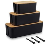 EVADOW Set of 3 Cable Management Box with Bamboo Lid, Black Wire Core Cable Tidy Box Conceal and Hide Cable Wire Extension Organizer Box for Home, Office | Size for Large, Medium, Small