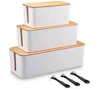 EVADOW Set of 3 Cable Management Box with Bamboo Lid, White Wire Core Cable Tidy Box Conceal and Hide Cable Wire Extension Organizer Box for Home, Office | Size for Large, Medium, Small