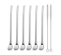 EvaGO Reusable Stainless Steel Drinking Straws with Filter Spoon 6 Pieces Yerba Mate Tea Bombilla Drinking Straws with 2 Pieces Cleaning Brushes Set, 7.1inch Long