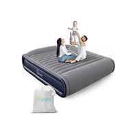 Evajoy Queen Inflatable Air Mattress with Built in Pump, 17'' Double High Airbed Headboard, 3 Mins Quick Inflation/Deflation, Comfort Blow Up Flocked Top for Home, Camping, Blue & Grey (EJ-HF004)
