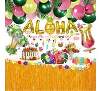 Evance 162pcs Hawaiian Party Decorations,Hawaiian Tropical Party Deco, Hawaiian Grass Table Skirt, Aloha Balloon Garland Palm Leaves Juice Foil Balloon Luau Party Supplies
