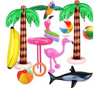 Evance Hawaiian Inflatable Party Decoration with Ring Toss Game, 14 Pack Beach Inflatables Pool Toys Incl. Inflatable Palm Tree, Flamingo and etc. for Summer Tropical Luau Beach Pool Party Decoration