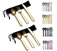 Evanda Gold Portable Cutlery Set 2 Pack, Include Knife Fork Spoon, Titanium Golden Plating Camping Flatware with Bag, for Outdoor, Picnic, Camping, Travel, Dishwasher Safe
