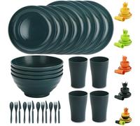 Evanda Plastic Dinnerware Set 28 Piece, Reusable Light Weight Mugs, Bowls, Dishes, Knives, Forks, Spoons for Camping Picnics and Everyday Use, Dishwasher Safe (Dark Green)
