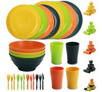 Evanda Plastic Dinnerware Set 28 Piece, Reusable Light Weight Mugs, Bowls, Dishes, Knives, Forks, Spoons for Camping Picnics and Everyday Use, Dishwasher Safe (Mutil Color)