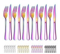 Evanda Rainbow Steak Knives Set 12 Piece Service for 6, Rainbow Titanium Plating Stainless Steel 6 Dinner Forks and 6 Dinner Knives Set, Steak Knives Steak Forks, Dishwasher Safe
